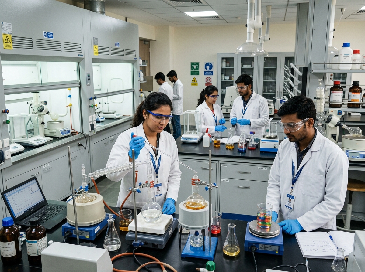 Students conducting experiment in Bhopal Chemistry Lab